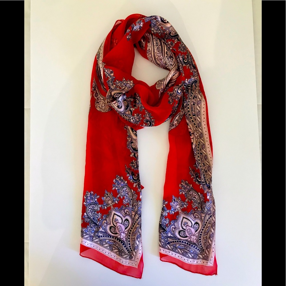 Brand New Red Scarf with design 100% Silk!